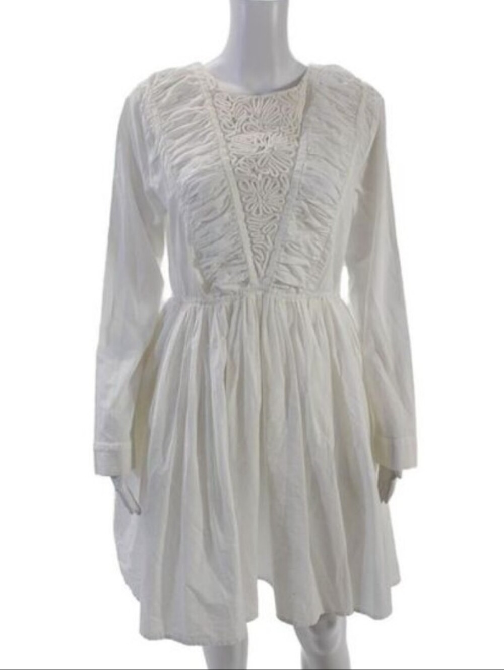 Merlette Womens Long Sleeve Embellished  Dress White Cream Cotton Size Medium